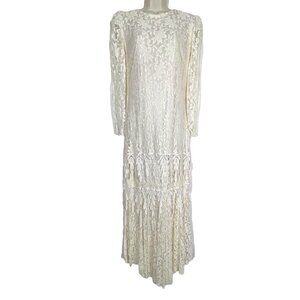 Vintage Dress Formal Wedding Tiered Lace Ivory Small